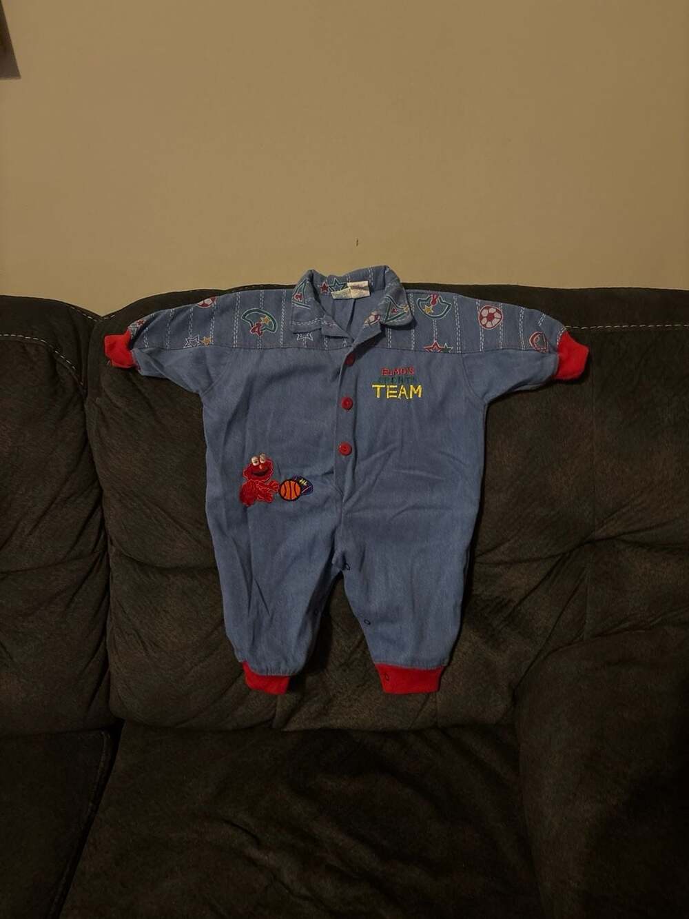 Vintage Sesame Street Babies Elmo's Sports Team Blue Denim Romper 6-9 Months